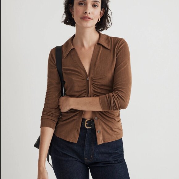 Madewell Tops - Madewell Metallic Rib Ruched Long-Sleeve Top size medium